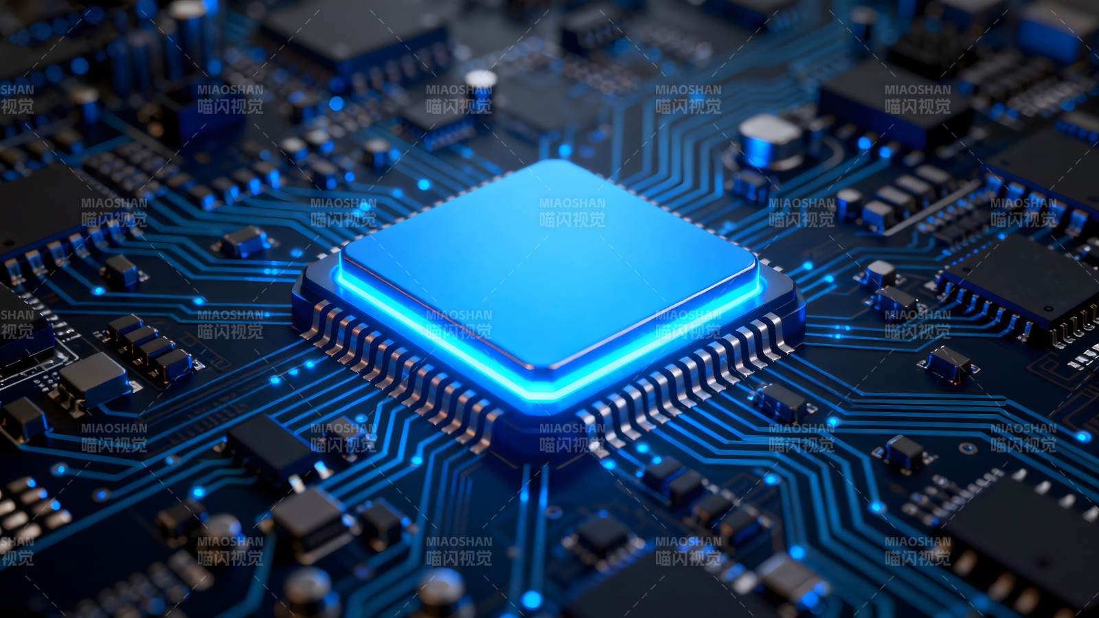 藍色電路板上的芯片特寫-圖片