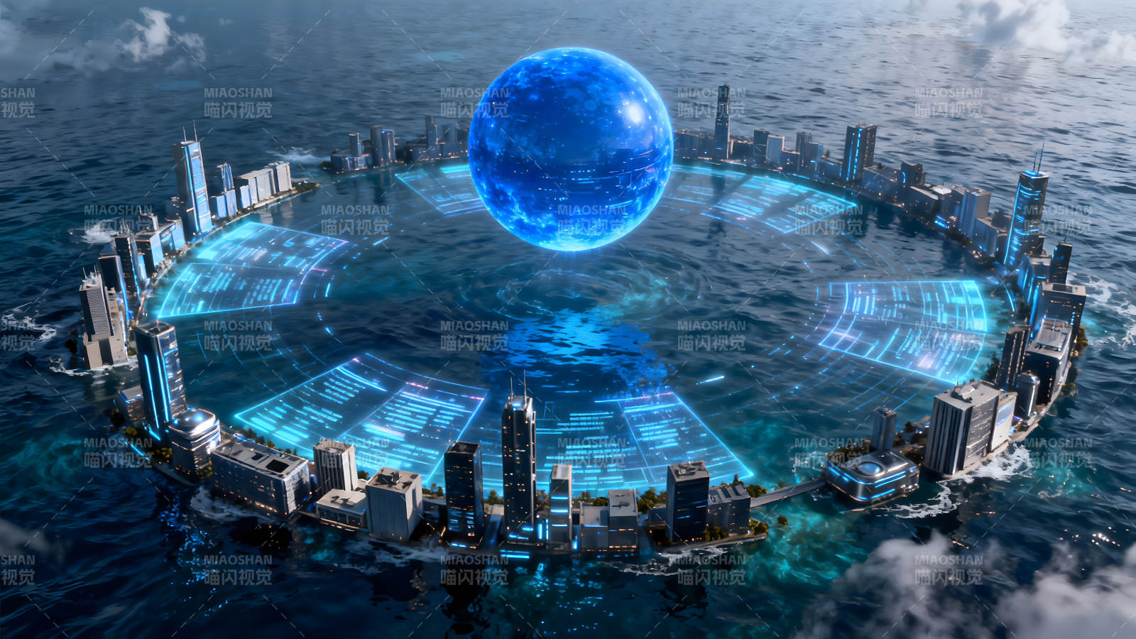 未來科技城市懸浮于海面之上-圖片