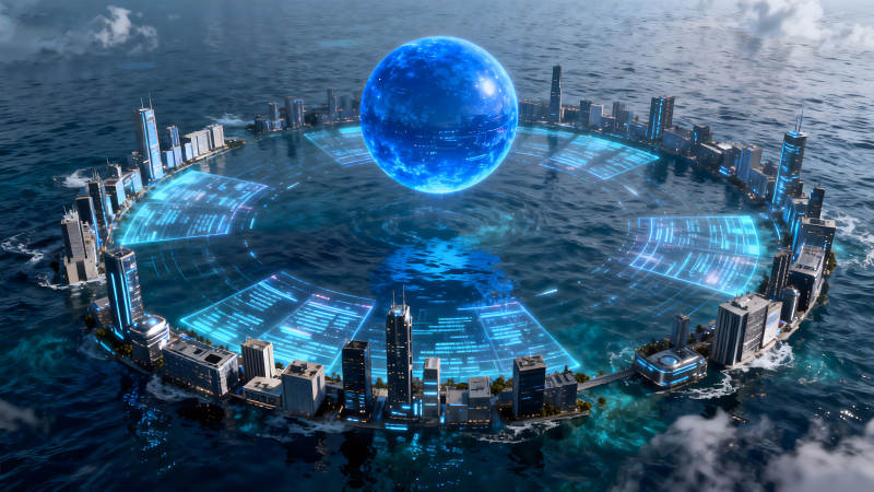 未來科技城市懸浮于海面之上-圖片