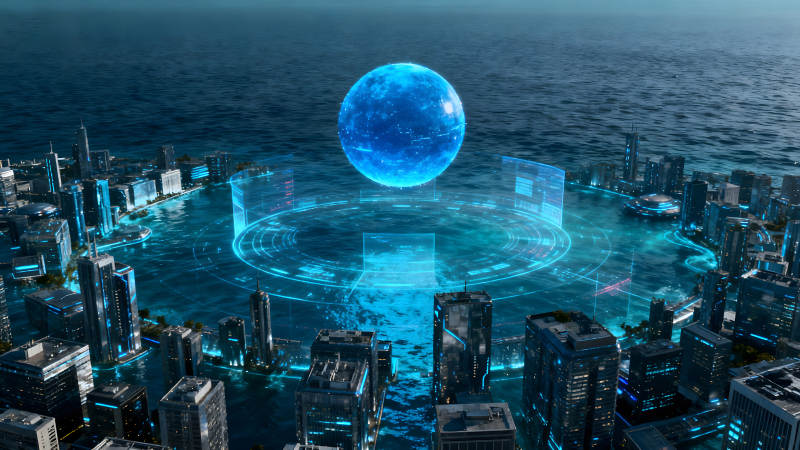 未來科技都市與藍色能量球體-圖片