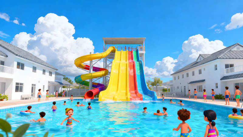 水上乐园欢乐玩耍蓝天白云好心情-图片