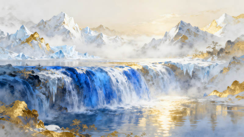 冰雪瀑布與金色山脈的唯美畫卷-圖片