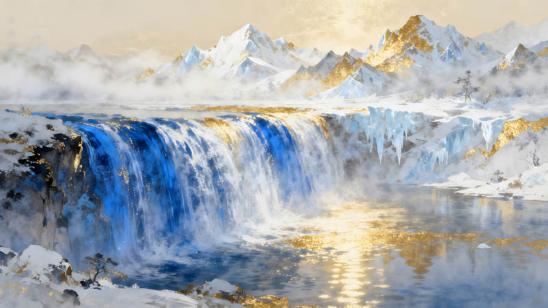 冰雪瀑布山峰金光流淌-圖片