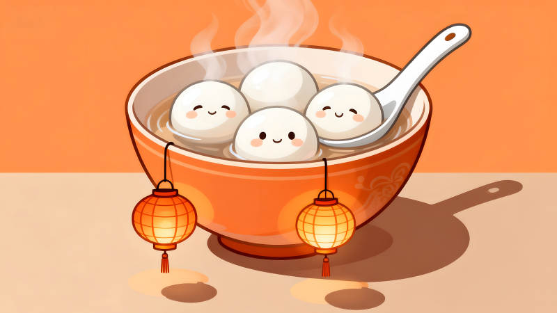 可愛湯圓碗里冒熱氣紅燈籠-圖片