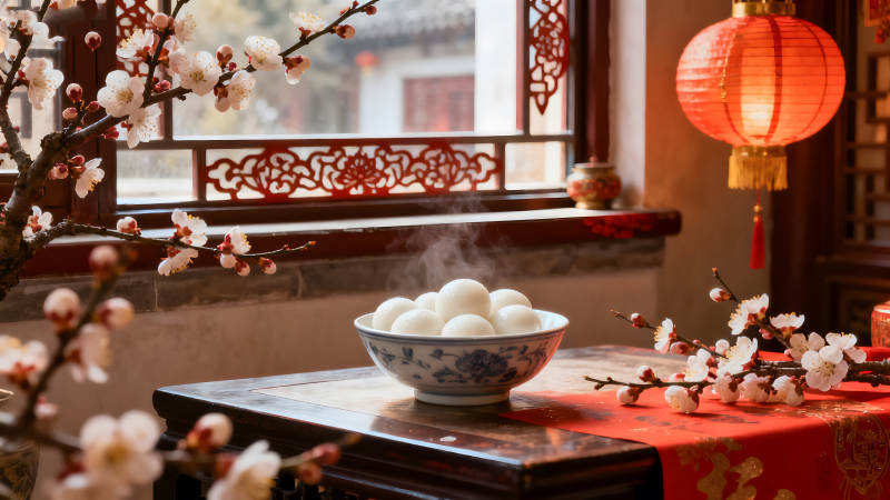 湯圓鮮花紅燈籠中國(guó)風(fēng)-圖片