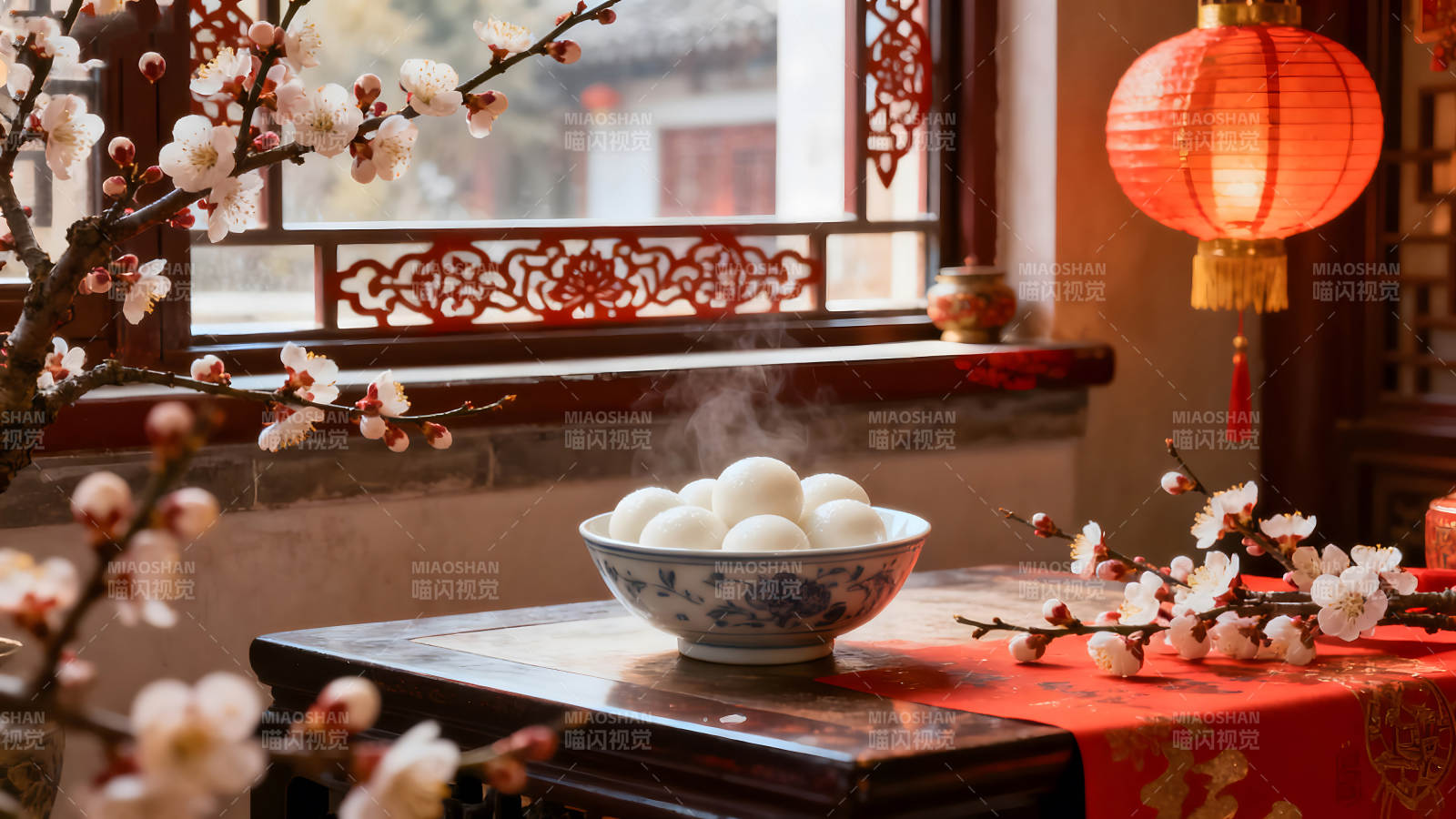 汤圆鲜花红灯笼中国风-图片