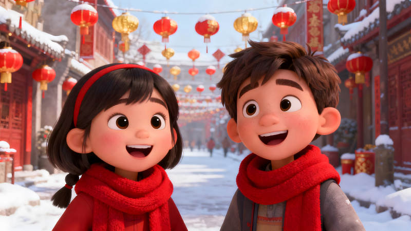 動畫人物在節日街道上微笑-圖片