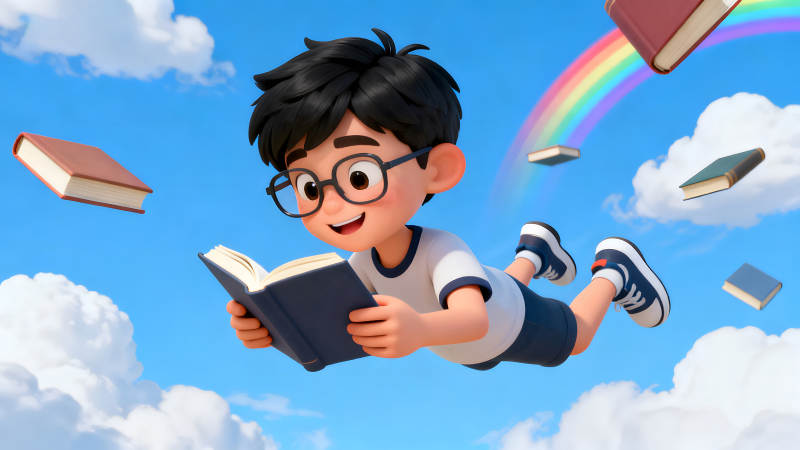 卡通男孩读书飞翔-图片