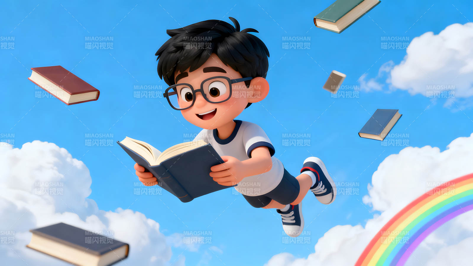 男孩閱讀飄浮空中伴彩虹-圖片