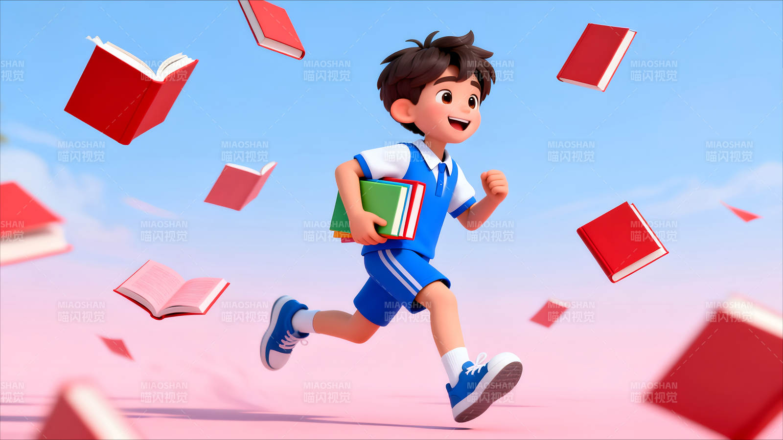 奔跑的男孩与飞舞的书籍图片