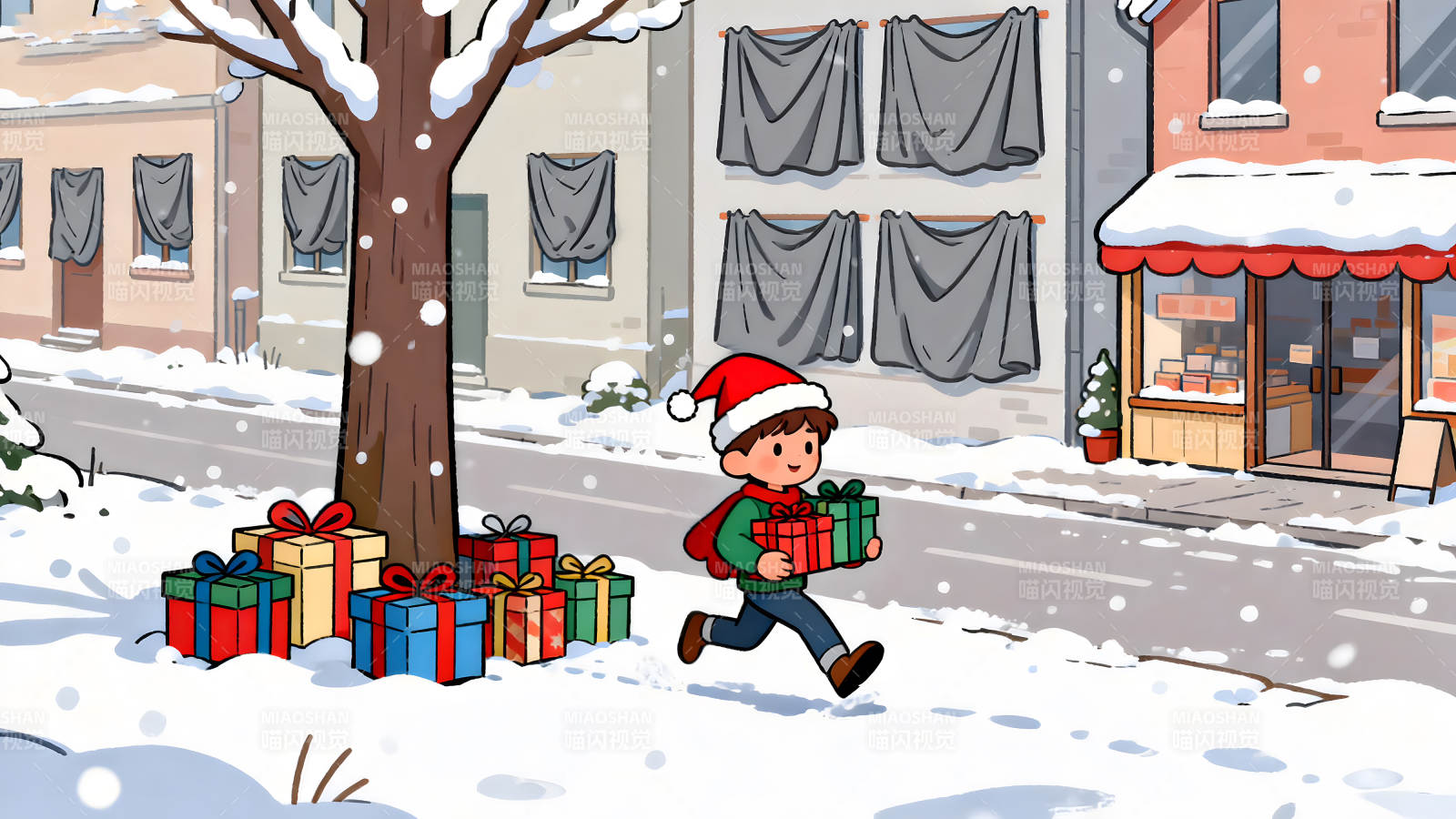 雪中送禮的小男孩-圖片