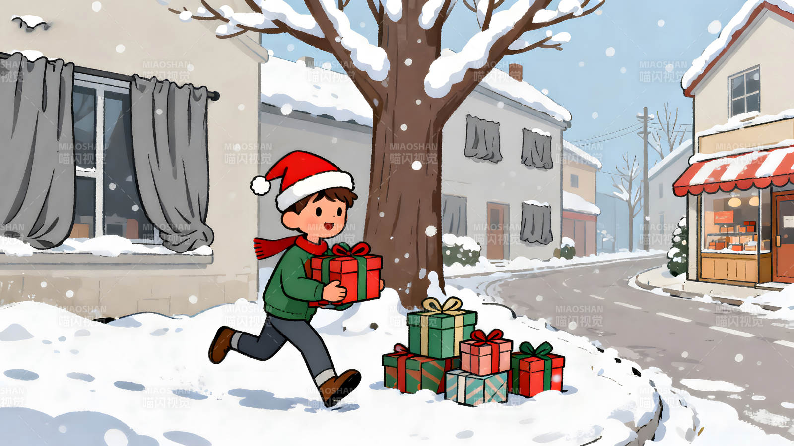 男孩送禮物穿梭在雪地-圖片