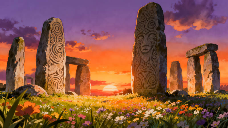 巨石陣落日下的花海-圖片