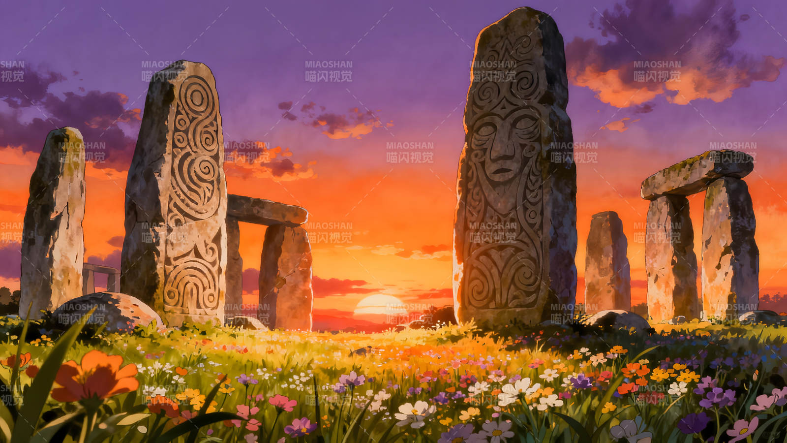 巨石陣落日下的花海-圖片