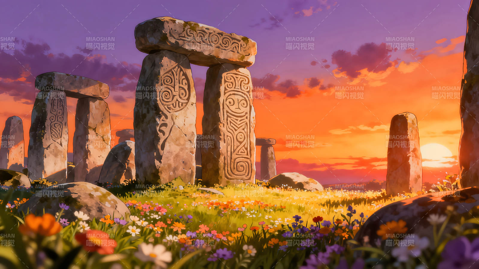 日落下的巨石阵花海-图片