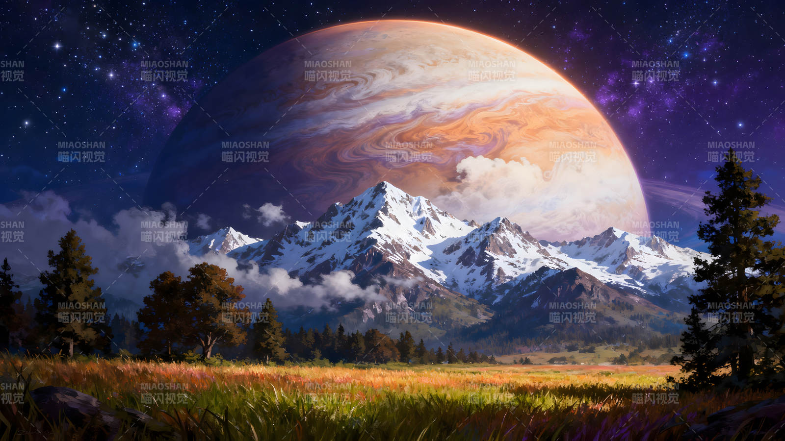 星球山脈夜空風景-圖片