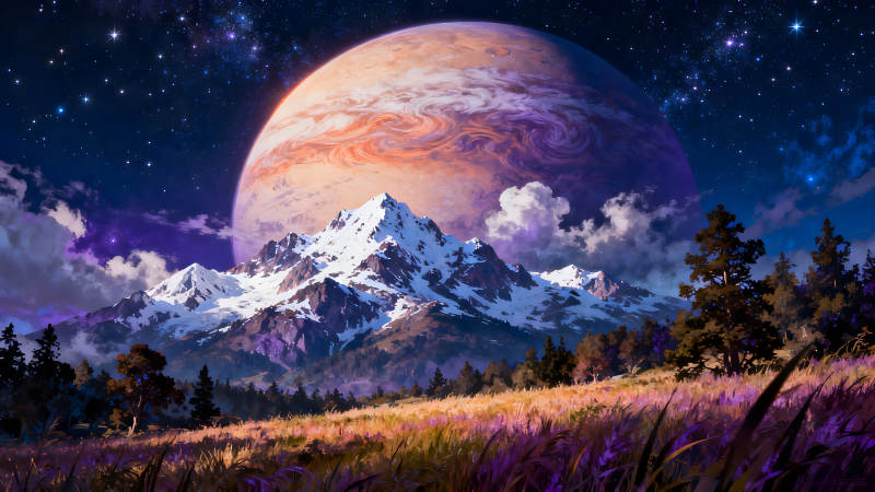 星空山脈行星下的奇幻景象-圖片