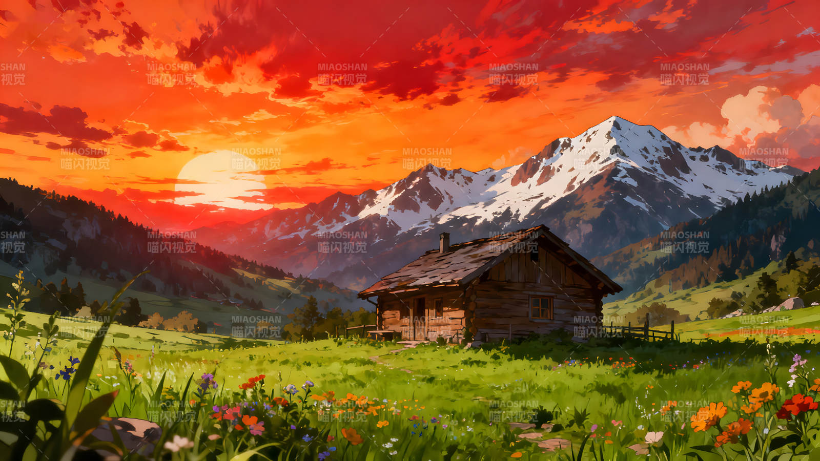 夕阳下的木屋与雪山美景图片