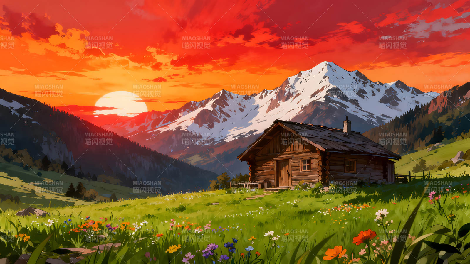 日落山村小屋风光图片