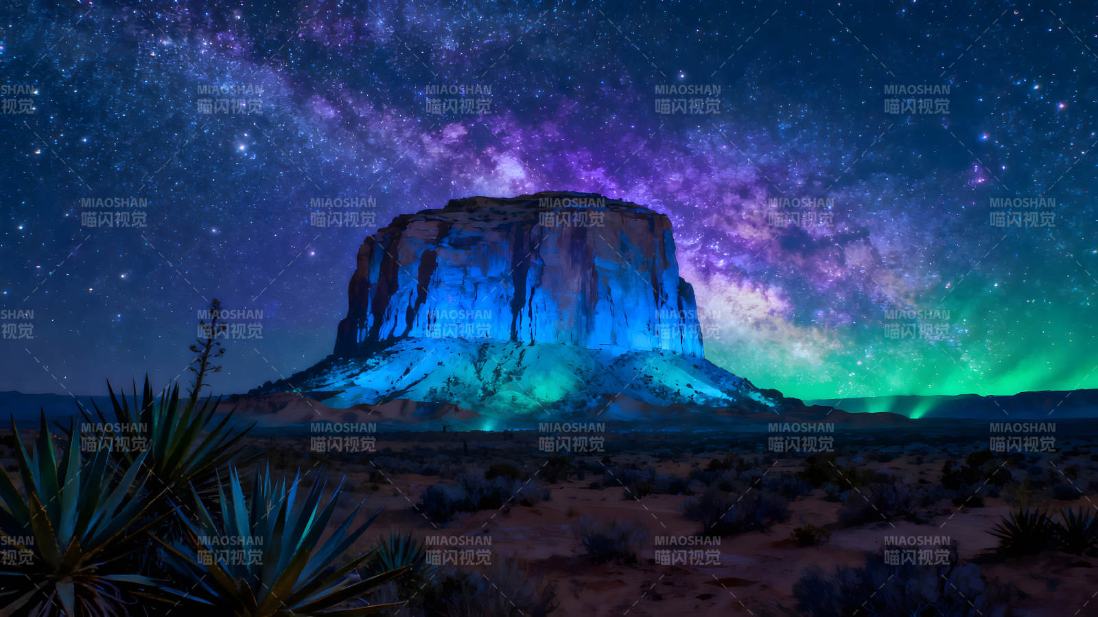 星空下的巖石山脈藍光照耀-圖片