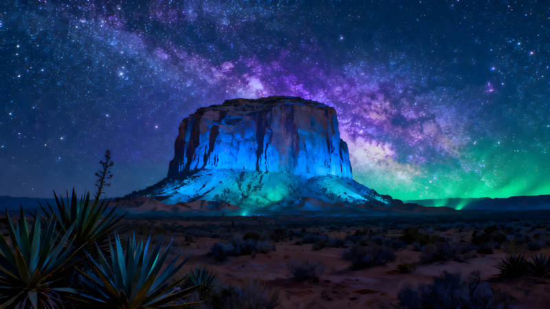 星空下的巖石山脈藍光照耀-圖片