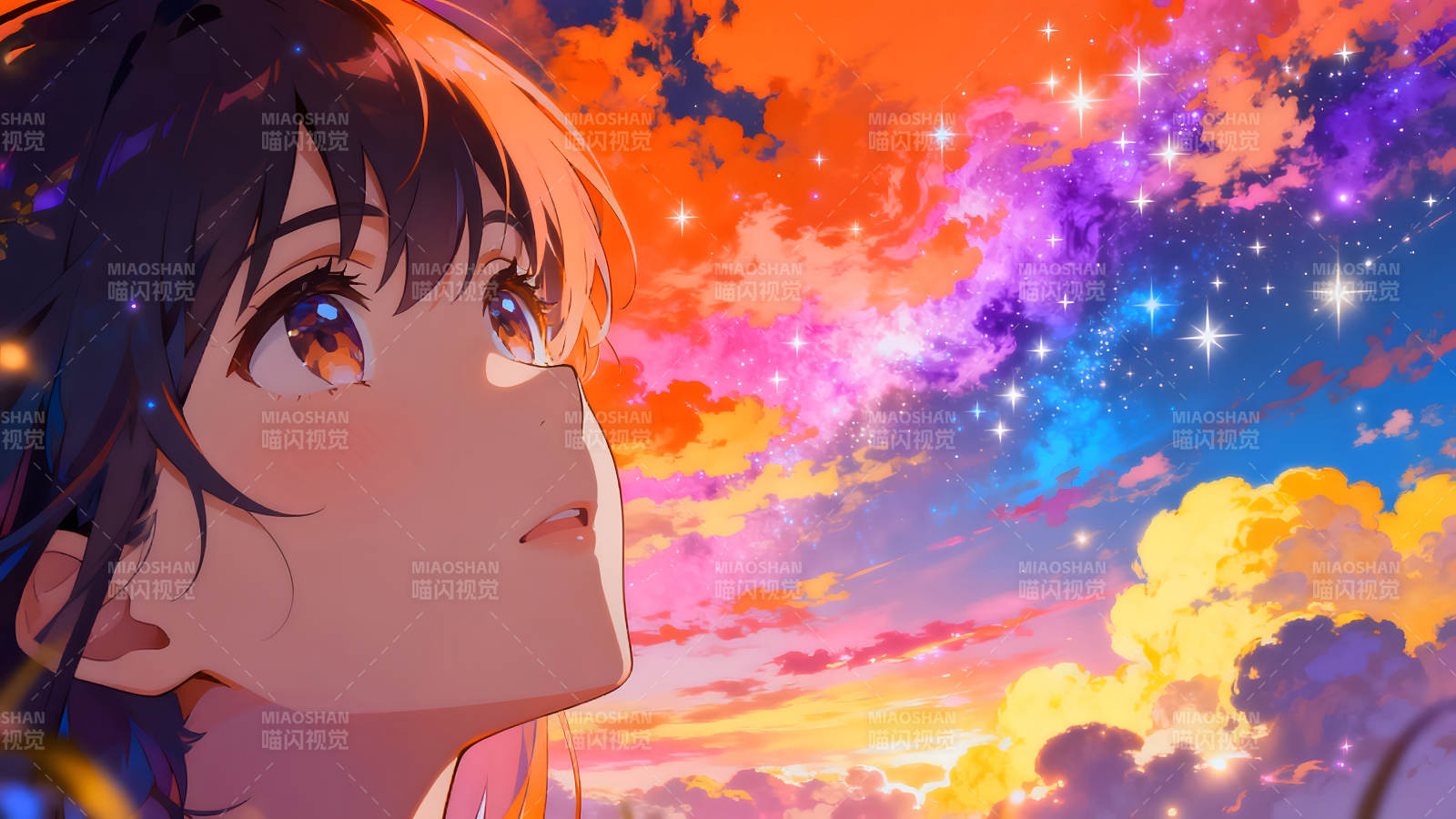 女孩仰望绚丽星空-图片