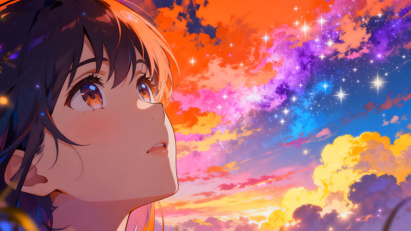 女孩仰望绚丽星空-图片