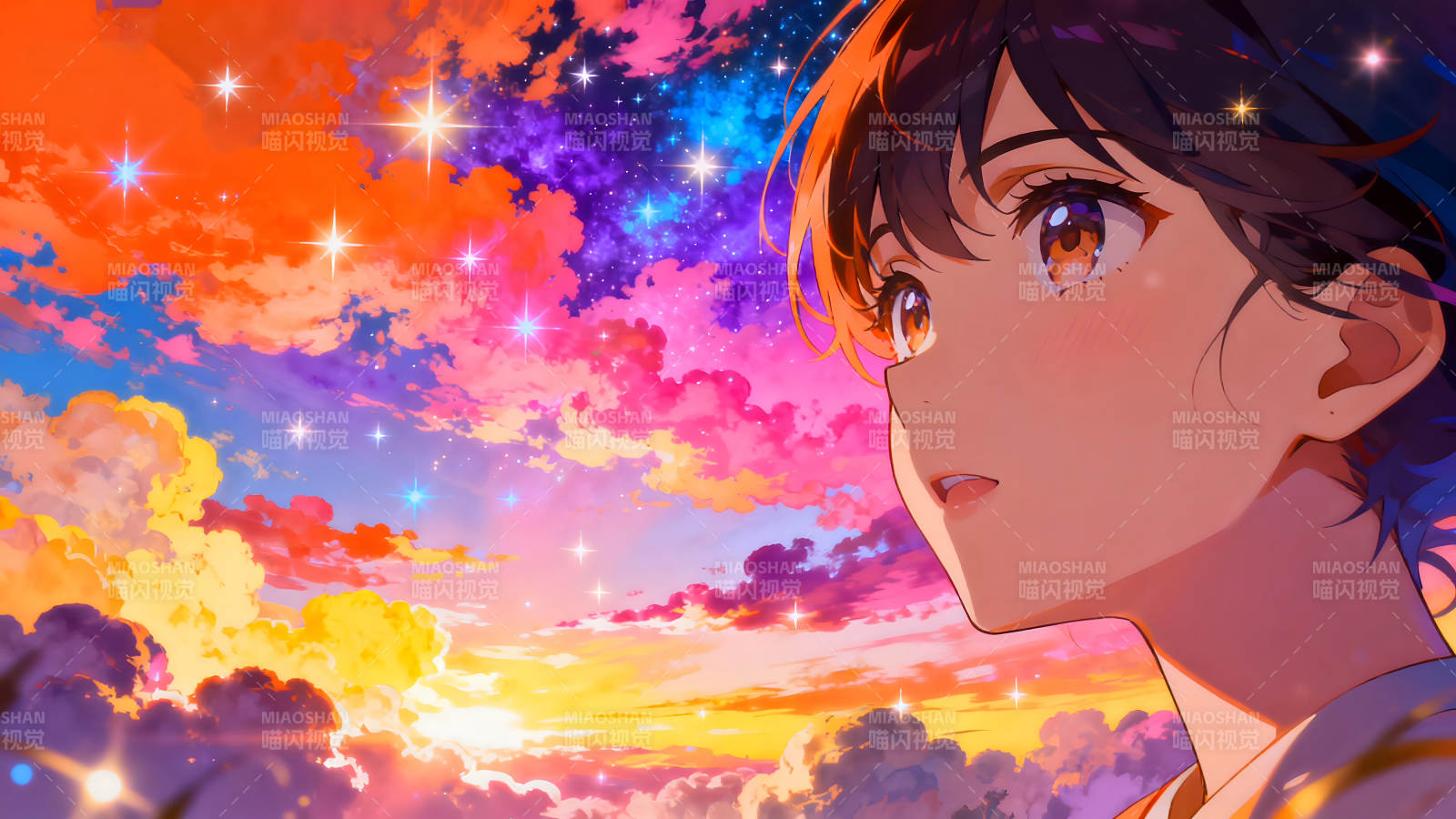 动漫少女凝视天空绚丽星空美景图片