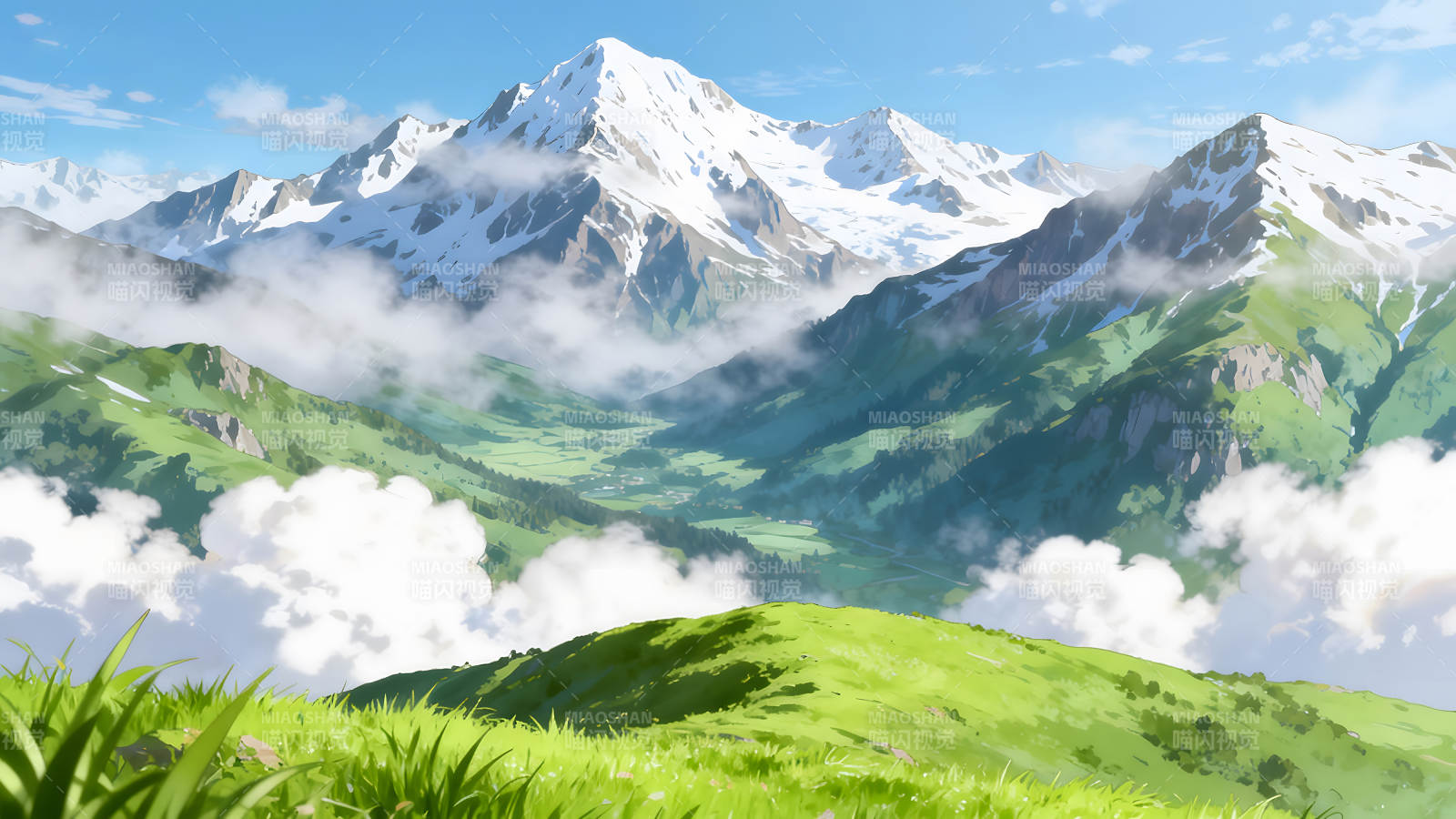 雪山連綿翠綠山谷風景-圖片