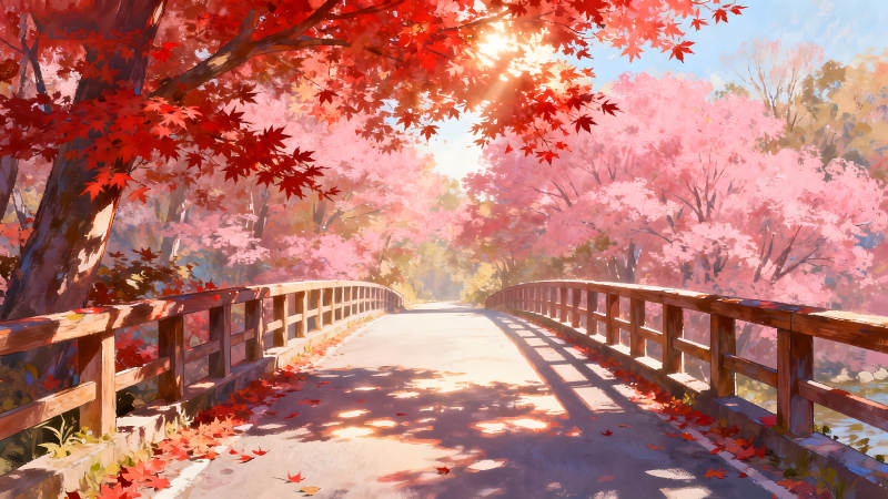 秋日橋梁風景畫光影斑斕-圖片