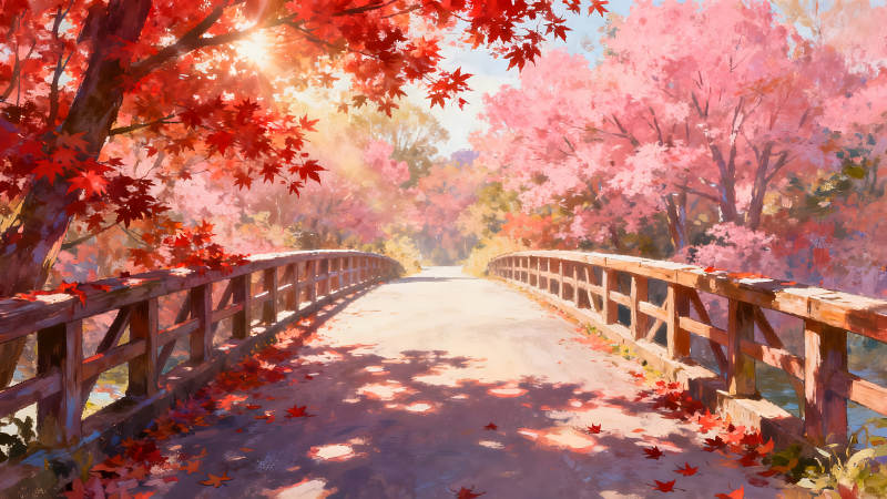 秋日橋梁紅葉滿地陽光灑落-圖片