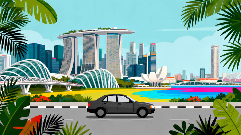 新加坡城市風景與汽車行駛-圖片