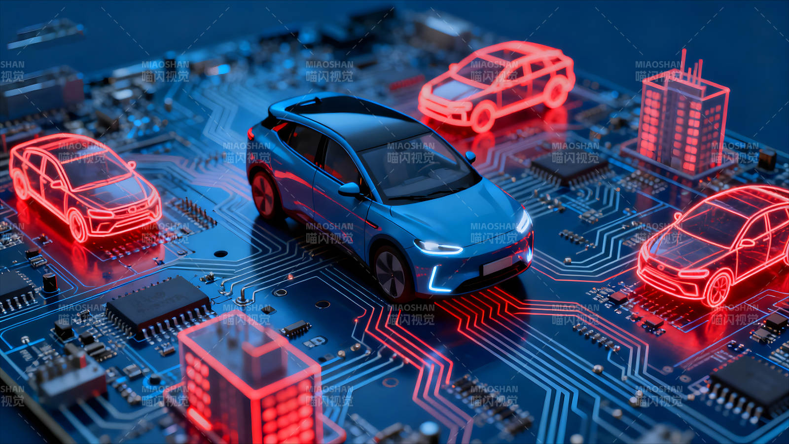 汽車與電路板的未來科技感圖片