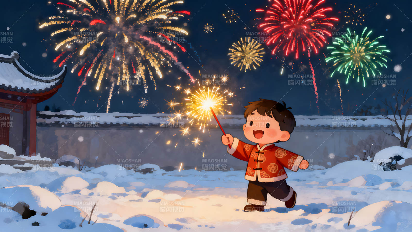 新年快樂兒童燃放煙花-圖片