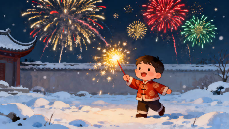 新年快樂兒童燃放煙花-圖片