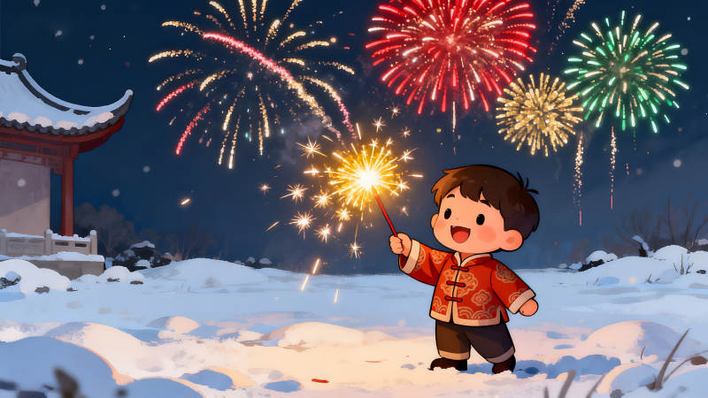 新年快樂孩童燃放煙花-圖片