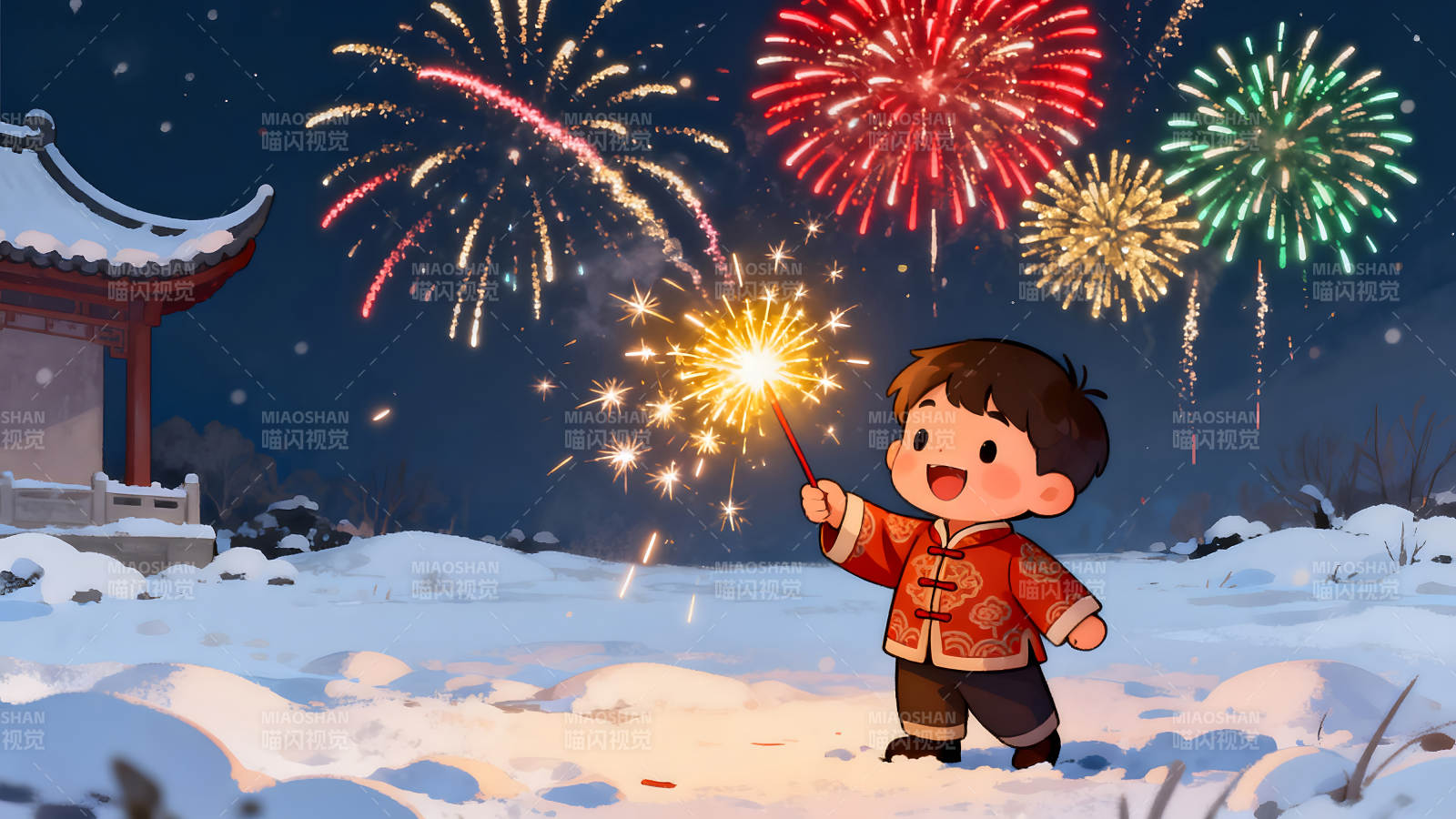 新年快樂孩童燃放煙花-圖片