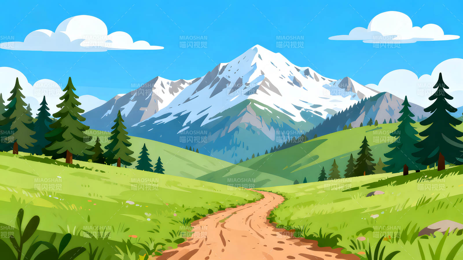 山川風(fēng)景畫草地小路通往雪山-圖片