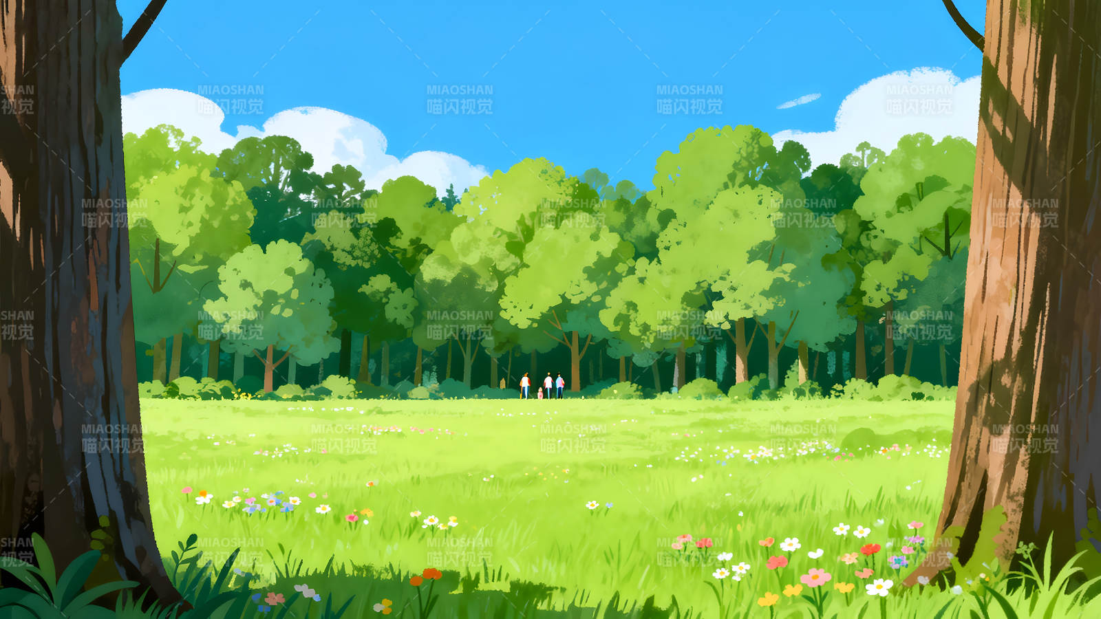 阳光明媚的森林草地人们漫步其中图片