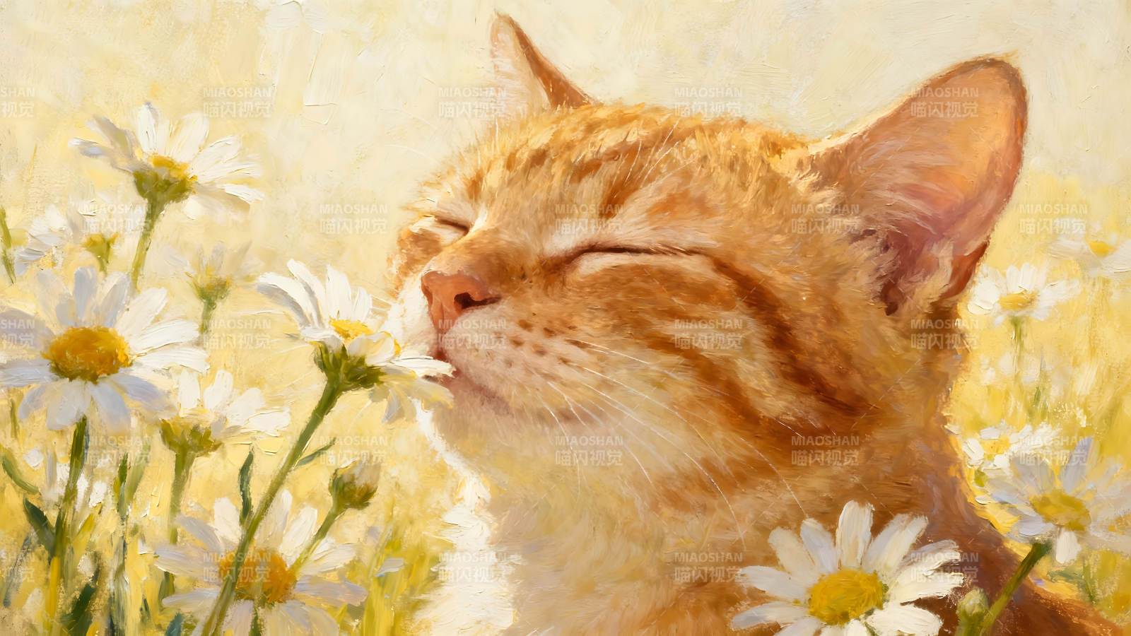 猫咪闻花朵油画-图片