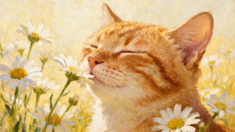 猫咪闻花朵油画-图片