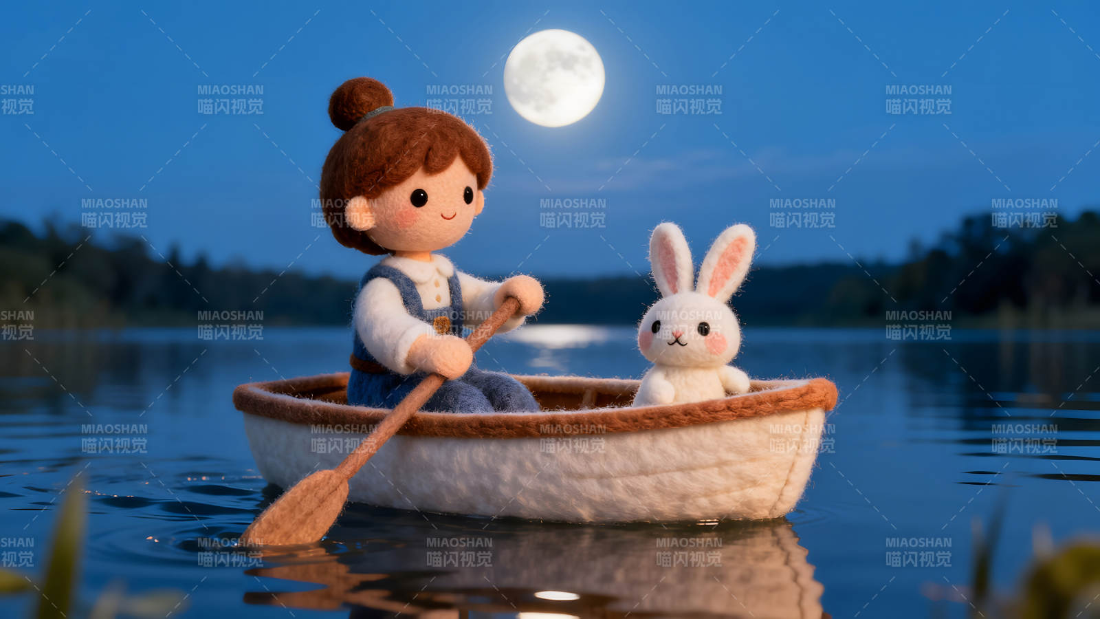 女孩與兔子夜間泛舟賞月-圖片