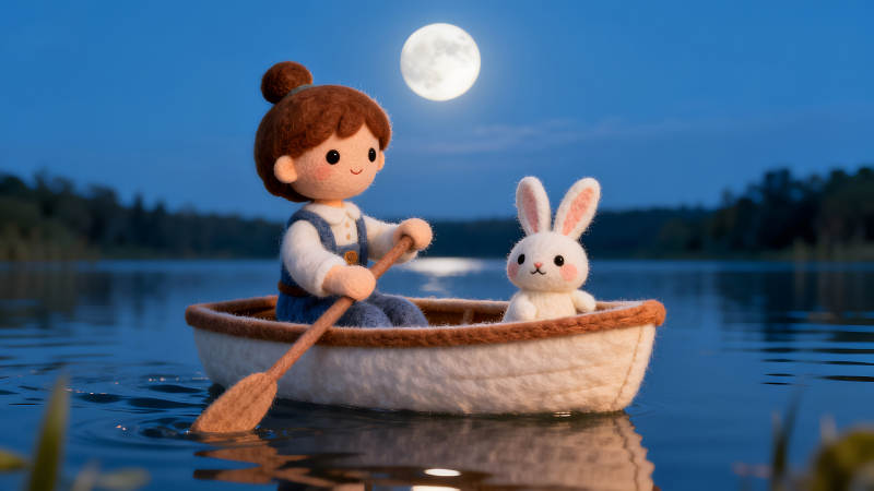 女孩與兔子夜間泛舟賞月-圖片