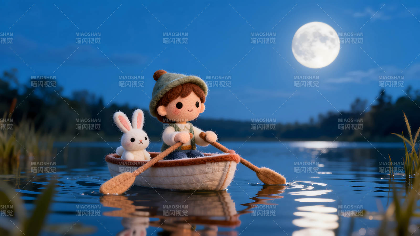 男孩乘船夜游與兔子同伴-圖片