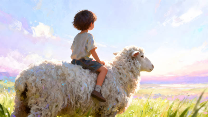 男孩骑羊漫步田野天空晴朗-图片