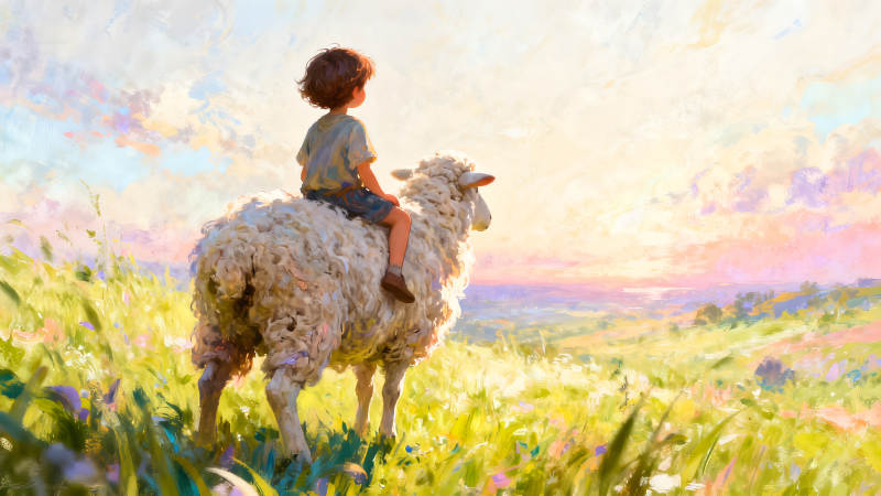 男孩骑羊眺望远方风景-图片
