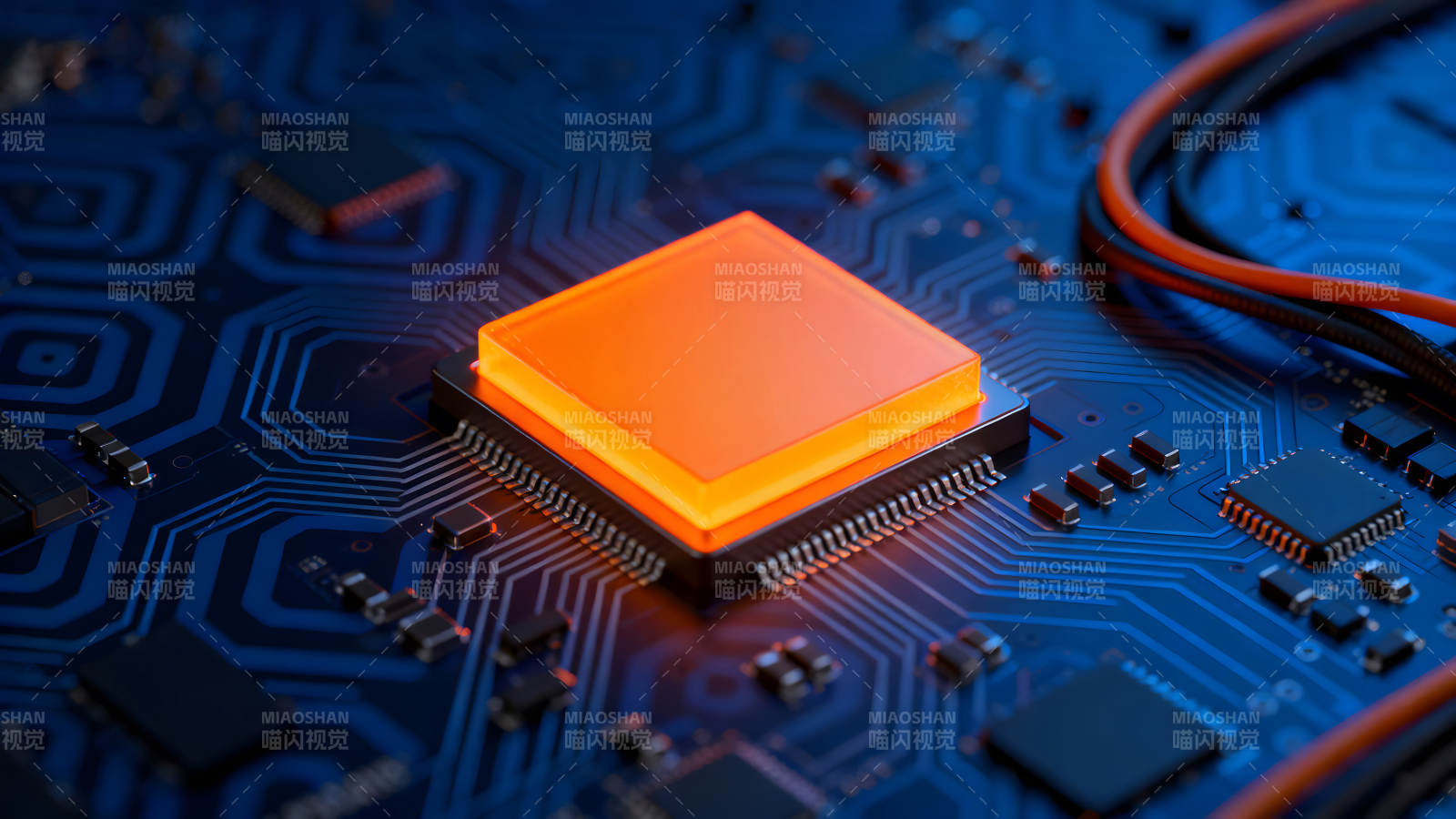 電路板核心元件特寫發光效果-圖片