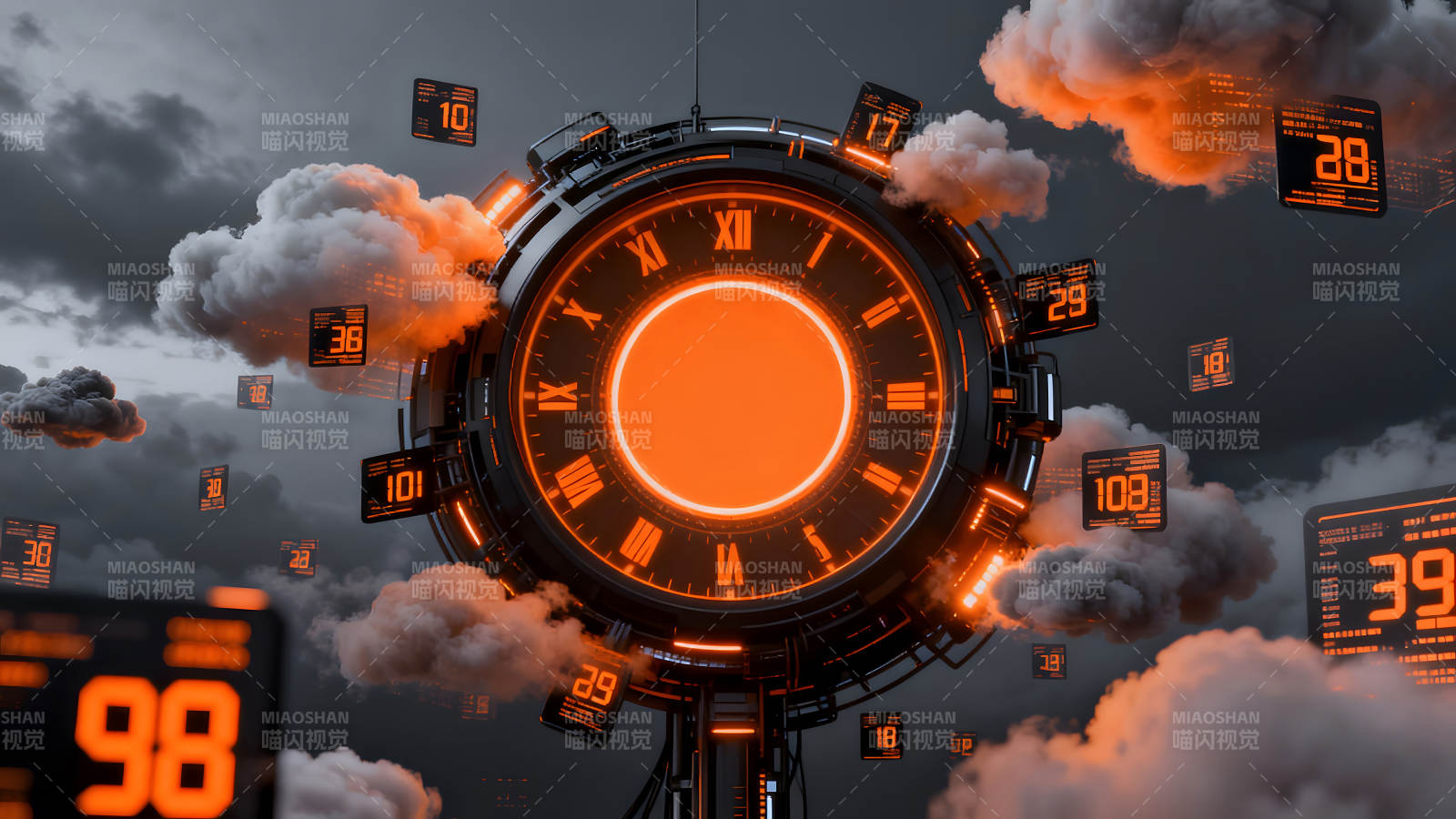 未來時鐘與數字云的奇幻景象-圖片