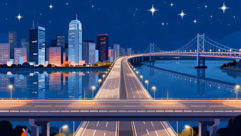 城市夜景大橋車輛燈光水面倒影-圖片