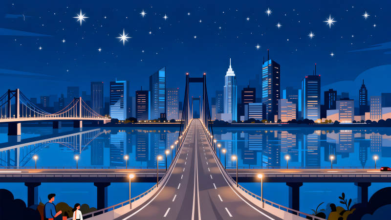 夜幕下的城市橋梁與星空-圖片
